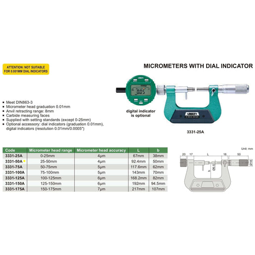 INSIZE Measuring Equipment Insize Indicating Micrometer 25-50mm Range Series 3331-50A