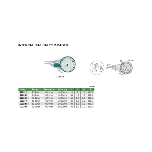 INSIZE Measuring Equipment Insize Internal Dial Caliper Gauge 5-15mm Range Series 2222-15