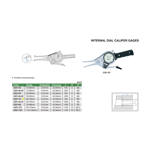 INSIZE Measuring Equipment Insize Internal Dial Caliper Gauge 55-75mm Range Series 2321-75