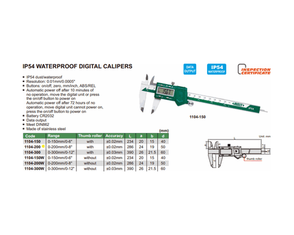 INSIZE Measuring Equipment INSIZE IP54 Digital Caliper 0-200mm/0-8" Range Series 1104-200