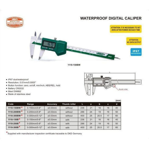 INSIZE Measuring Equipment Insize IP57 Digital Caliper 0-300mm/0-12" Range Series 1118-300B