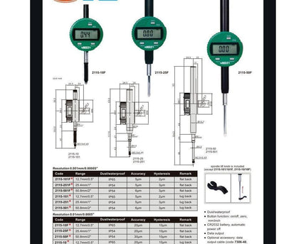 INSIZE Measuring Equipment Insize IP65 Coolant Proof Digital Indicator 12.7mm / 0.5" Range Series 2115-10
