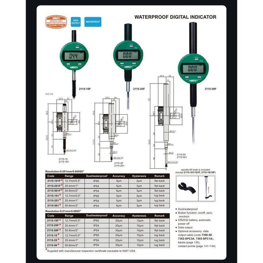 INSIZE Measuring Equipment Insize IP65 Coolant Proof Digital Indicator 12.7mm / 0.5" Range Series 2115-101