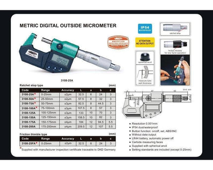 INSIZE Measuring Equipment Insize IP65 Digital Outside Micrometer 25-50mm / 1-2" Range Series 3108-50A