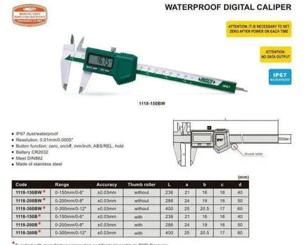 INSIZE MEASURING EQUIPMENT INSIZE IP67 Waterproof Digital Caliper  0-150mm / 0-6" Range Series 1118-150B