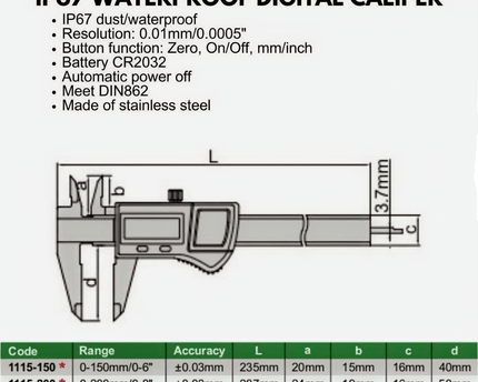 INSIZE Measuring Equipment Insize IP67 Waterproof Digital Caliper 0–300 mm / 0–12″ Series 1115-300