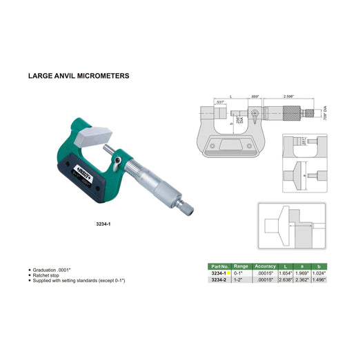 INSIZE Measuring Equipment Insize Large Anvil Micrometer 0-1" Range Series 3234-1