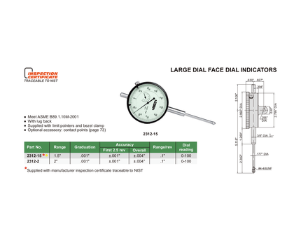 INSIZE Measuring Equipment Insize Large Face Dial Indicator Range Series 2312-15