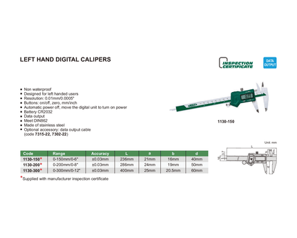 INSIZE Measuring Equipment Insize Left Hand Digital Caliper 0-300mm/0-12" Range Series 1130-300