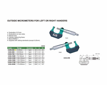 INSIZE Measuring Equipment Insize Left Hand/Right Hand Outside Micrometer 0-25mm Range Series 3236-25B