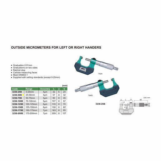 INSIZE Measuring Equipment Insize Left Hand/Right Hand Outside Micrometer 25-50mm Range Series 3236-50B