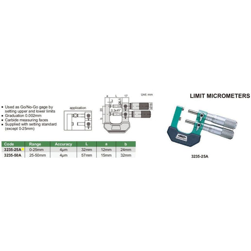 INSIZE Measuring Equipment Insize Limit Micrometer 0-25mm Range Series 3235-25A