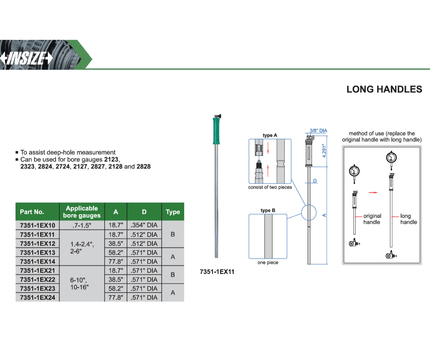 INSIZE Measuring Equipment Insize Long Handle 18.7″ × 0.571″ Series 7351-1EX21