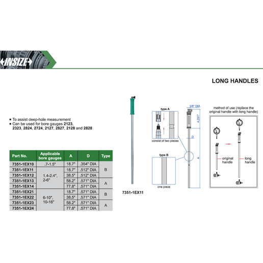 INSIZE Measuring Equipment Insize Long Handle 18.7″ × 0.571″ Series 7351-1EX21