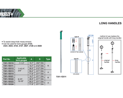 INSIZE Measuring Equipment Insize Long Handle 58.2″ × 0.571″ Series 7351-1EX13