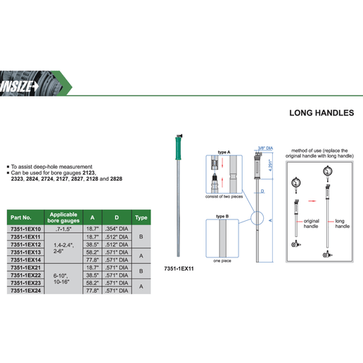 INSIZE Measuring Equipment Insize Long Handle 77.8″ × 0.571″ Series 7351-1EX24