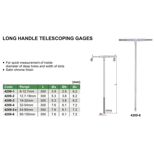 INSIZE Measuring Equipment Insize Long Handle Telescopic Gauge 54-90mm Range Series 4209-5