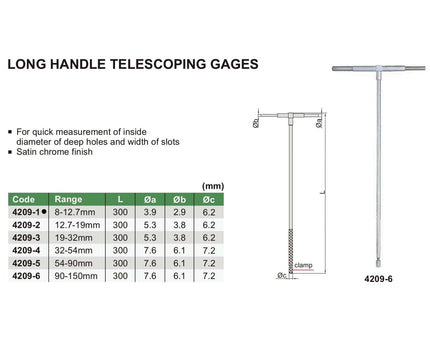 INSIZE Measuring Equipment Insize Long Handle Telescopic Gauge 8-12.7mm Range Series 4209-1
