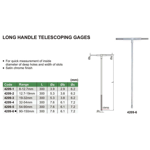 INSIZE Measuring Equipment Insize Long Handle Telescopic Gauge 90-150mm Range Series 4209-6