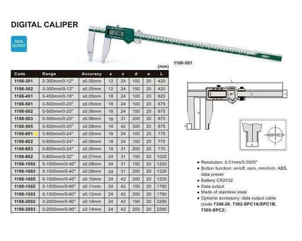 INSIZE Measuring Equipment Insize Long Jaw Digital Caliper 0-600mm / 0-24" Range Series 1106-601