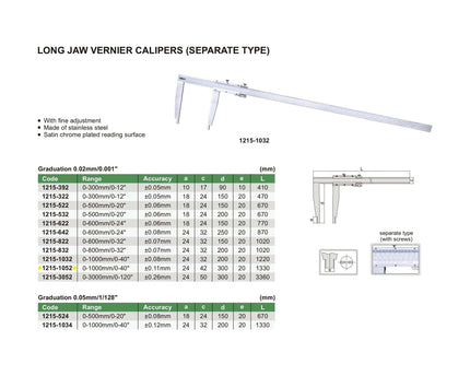INSIZE Measuring Equipment Insize Long Jaw Vernier Caliper 0-1000mm/0-40" Range Series 1215-1052