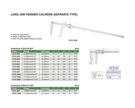 INSIZE Measuring Equipment Insize Long Jaw Vernier Caliper 0-300mm/0-12" Range Series 1215-322