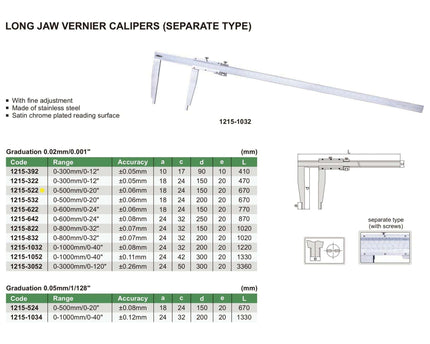 INSIZE Measuring Equipment Insize Long Jaw Vernier Caliper 0-500mm/0-20" Range Series 1215-522