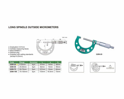 INSIZE Measuring Equipment Insize Long Spindle Outside Micrometer 0-25mm Range Series 3209-25