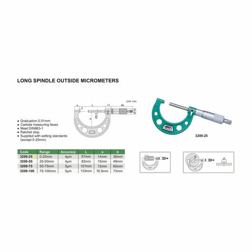INSIZE Measuring Equipment Insize Long Spindle Outside Micrometer 0-25mm Range Series 3209-25