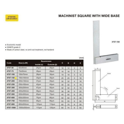 INSIZE Measuring Equipment Insize Machinist 90° Square Range 150x100mm Series 4707-150