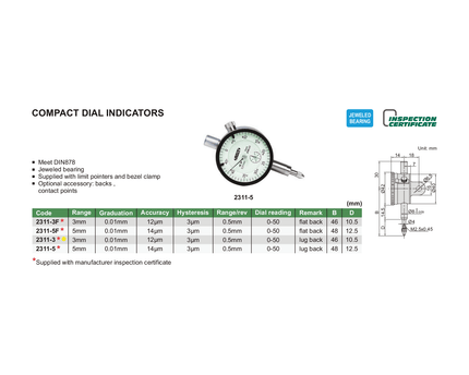 INSIZE Measuring Equipment Insize Metric Compact Dial Indicator 3mm Range Series 2311-3