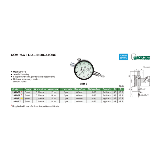 INSIZE Measuring Equipment Insize Metric Compact Dial Indicator 3mm Range Series 2311-3