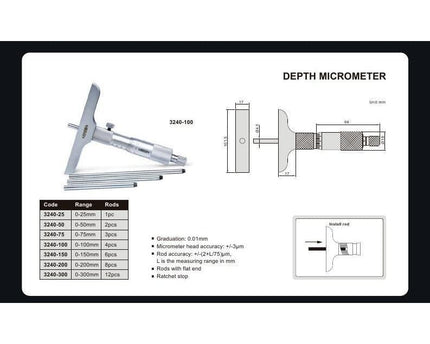 INSIZE Measuring Equipment Insize Metric Depth Micrometer 0-100mm Range Series 3240 - 100