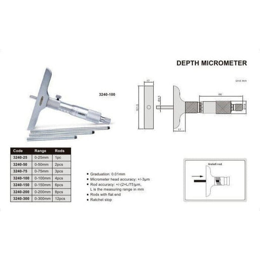 INSIZE Measuring Equipment Insize Metric Depth Micrometer 0-25MM Range Series 3240-25