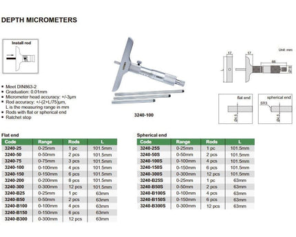 INSIZE Measuring Equipment Insize Metric Depth Micrometer 0-300mm Range Series 3240 - 300