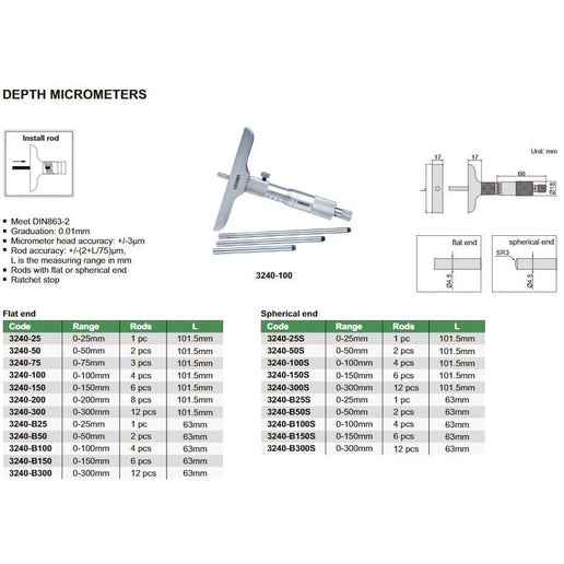 INSIZE Measuring Equipment Insize Metric Depth Micrometer 0-300mm Range Series 3240 - 300