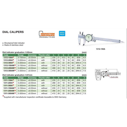 INSIZE Measuring Equipment INSIZE Metric Dial Caliper  0-300mm Range Series 1311-300A