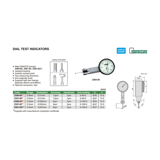 INSIZE Measuring Equipment Insize Metric Dial Indicator 0.2 mm Range Series 2380-02