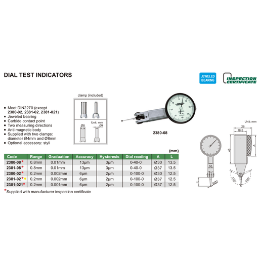 INSIZE Measuring Equipment Insize Metric Dial Indicator 0.2mm Range Series 2381-02