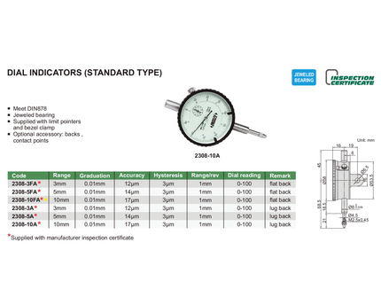 INSIZE Measuring Equipment Insize Metric Flat Back Dial Indicator 10mm Range Series 2308-10FA