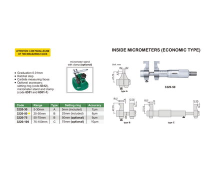 INSIZE Measuring Equipment Insize Metric Inside Micrometer 25-50mm Range Series 3220-50