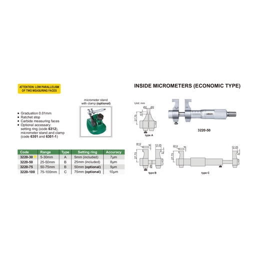 INSIZE Measuring Equipment Insize Metric Inside Micrometer 5-30mm Range Series 3220-30
