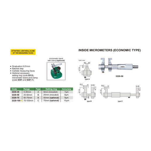 INSIZE Measuring Equipment Insize Metric Inside Micrometer 75-100mm Range Series 3220-100