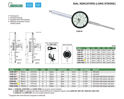 INSIZE Measuring Equipment Insize Metric Long Stroke Dial Indicator 80mm Range Series 2309-80D