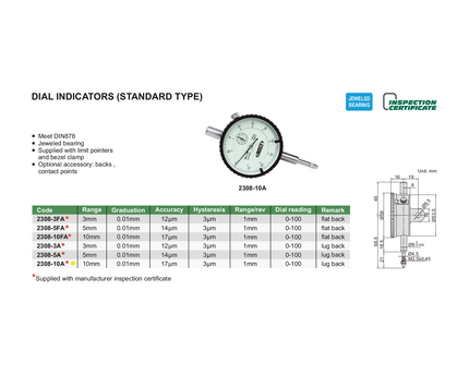 INSIZE Measuring Equipment Insize Metric Lug Back Dial Indicator 10mm Range Series 2308-10A