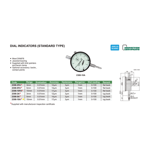 INSIZE Measuring Equipment Insize Metric Lug Back Dial Indicator 10mm Range Series 2308-10A