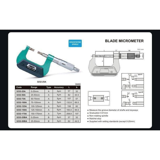 INSIZE Measuring Equipment Insize Metric Outside Blade Micrometer 0-25mm Range Series 3232-25A
