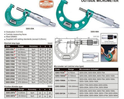 INSIZE Measuring Equipment Insize Metric Outside Micrometer 125-150mm Range Series 3203-150A