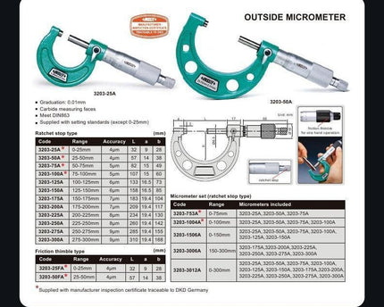 INSIZE Measuring Equipment Insize Metric Outside Micrometer 275-300mm Range Series 3203-300A