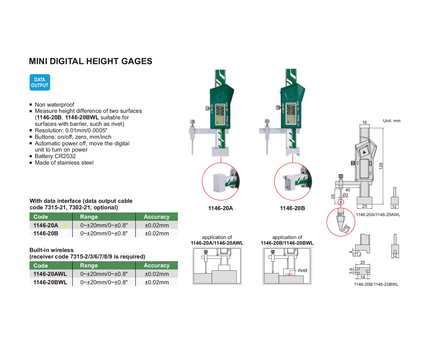 INSIZE Measuring Equipment Insize Mini Digital Height Gauge 0-20mm/0-0.8" Range Series 1146-20A